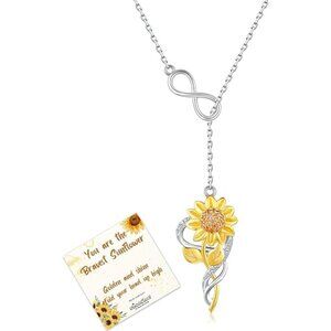 Sterling Silver Sunflower Infinity Lariat Necklace 925 CZ Pendant NWT